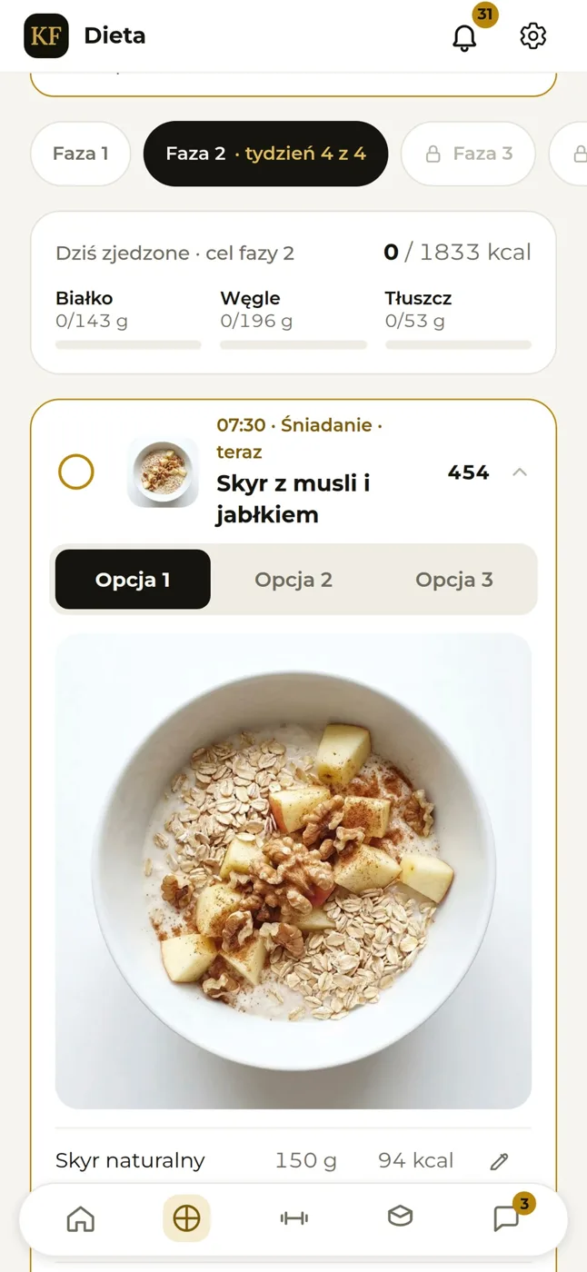 Ekran aplikacji Klinika Formy z planem diety i zdjęciem posiłku