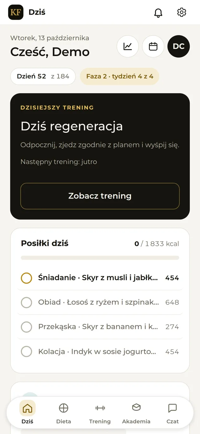 Ekran Dziś w aplikacji Klinika Formy z planem dnia